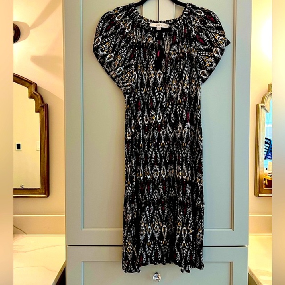 The Loft Ikat pattern tie-neck swing dress, black-n-white with pink and yellow